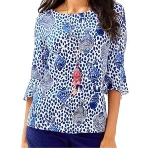 Lilly Pulitzer Fontaine Top Small High Tide Navy Heart And Sole Fish Print Beach
